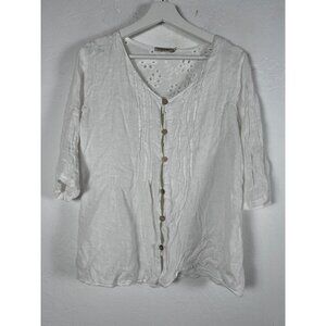 Lungo L'arno Women White Linen Button-Up Shirt Small Embroidered Back 3/4 Sleeve